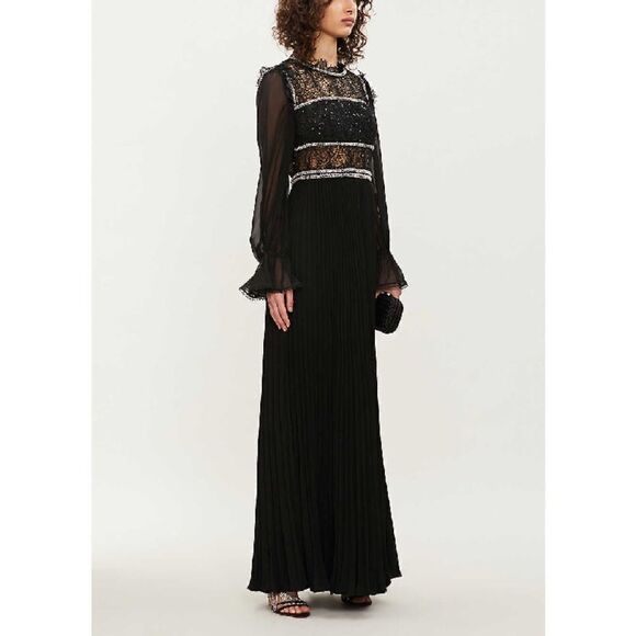 Self-Portrait Sequin Circle Lace & Chiffon Sleeve Maxi Dress